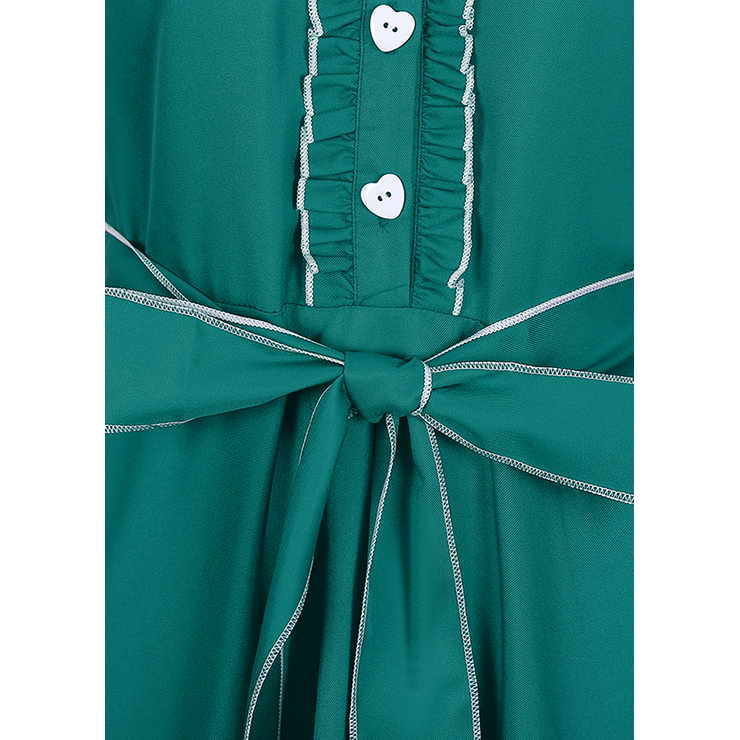 Women's Vintage V Neck Cap Sleeves Turndown Collar Green Shirt Dress N14053