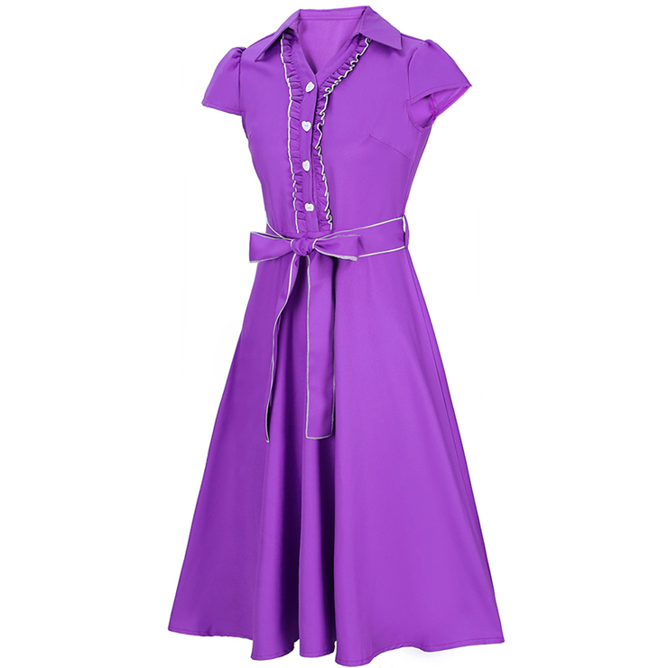 Women's Vintage V Neck Cap Sleeves Turndown Collar Purple Shirt Dress