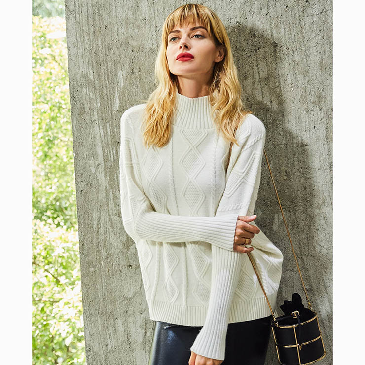 Women's White Long Sleeve High Neck Cable Knit Pullover Sweater N15780