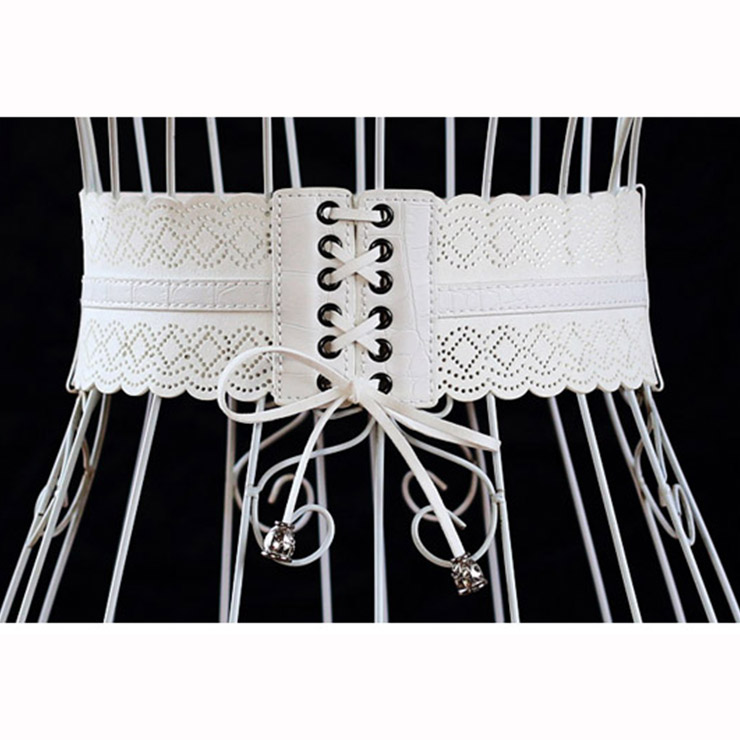 Fashion White Leather Stretch Waistband Front Laceup Hollow Cincher Corset Belt N14799