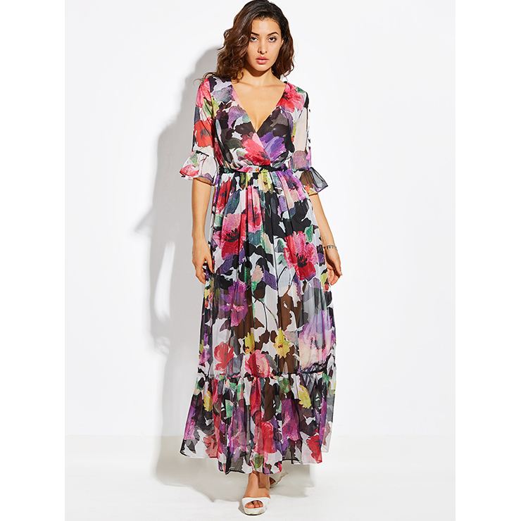 Women's Floral Wrap V Neck ThreeQuarter Sleeve Bohemian Maxi Dress N14465