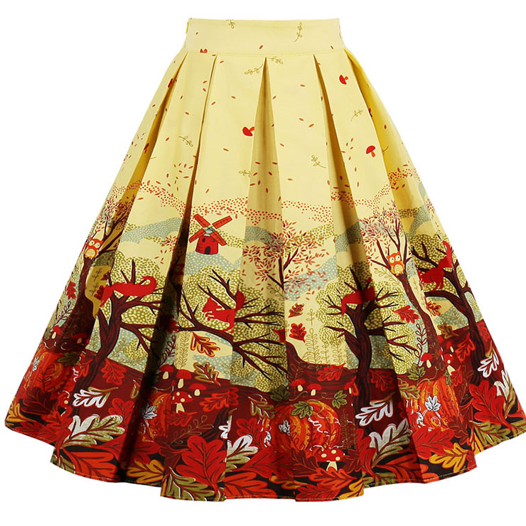 Vintage Autumn Scenery Print High Waisted Flared Pleated Skirt HG14022