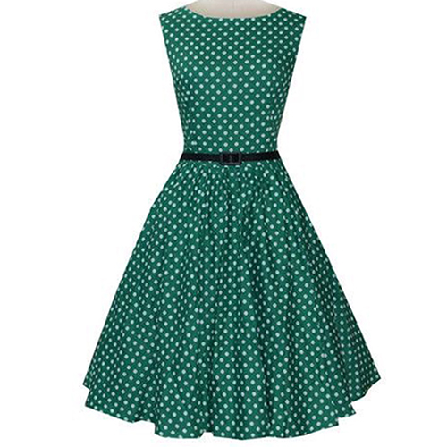 Elegant 1950's Vintage Green Polka Dot Print Cocktail Party Dress N12045