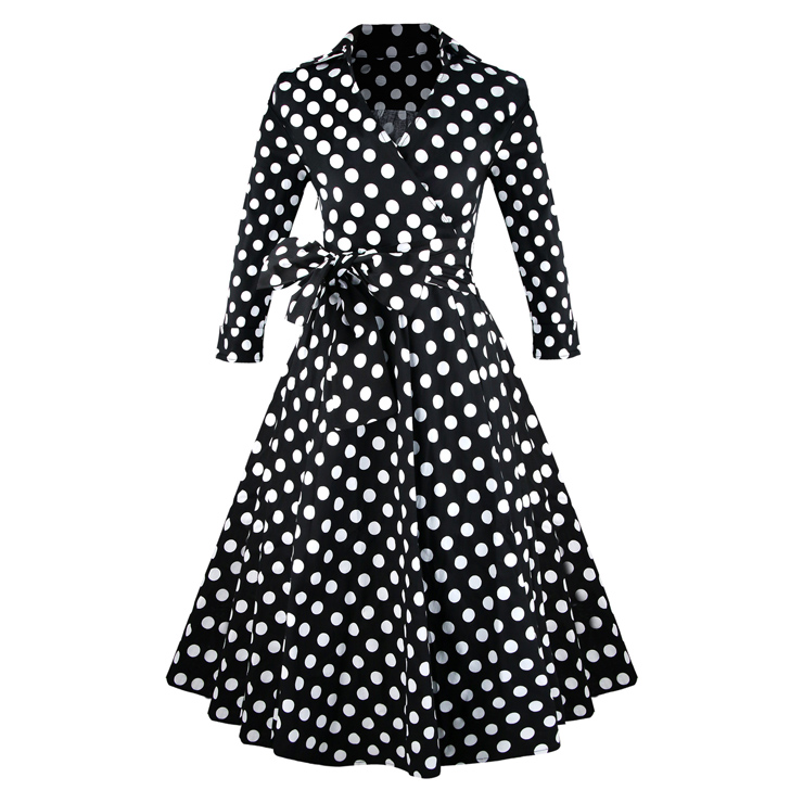 Women's Polka Dot Deep-V Neck Half Sleeve Bow Belt Vintage Casual Swing Dress N11098
