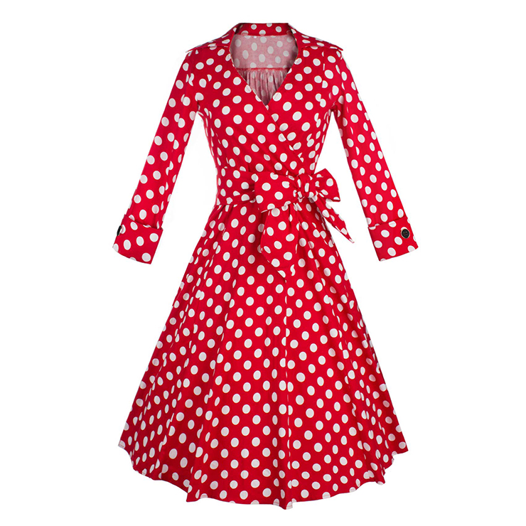 Women's Polka Dot Deep-V Neck Half Sleeve Bow Belt Vintage Casual Swing Dress N11386