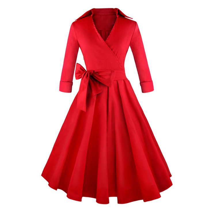 Women's Red Deep-V Neck Half Sleeve Vintage Casual Swing Dress N11097