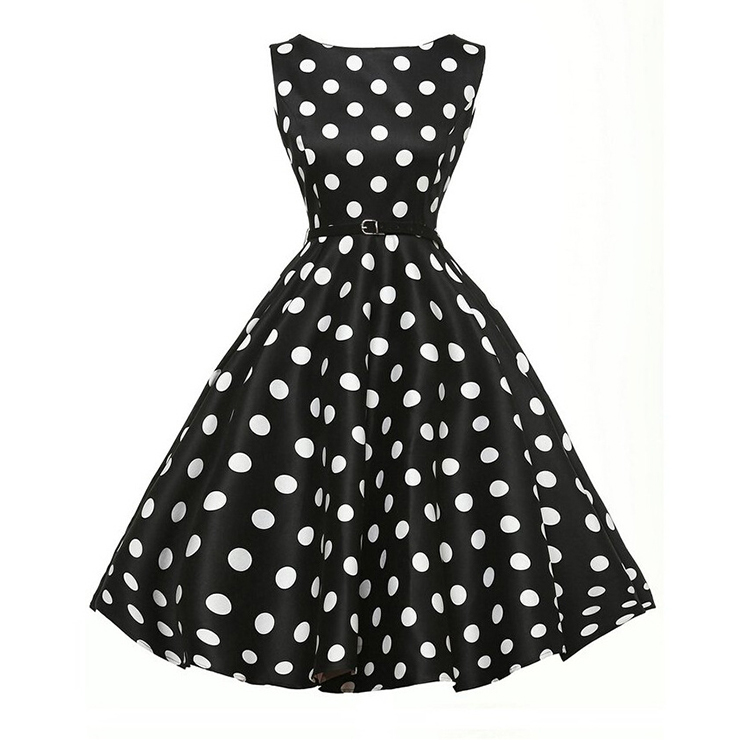 Women's Vintage Polka Dot Belt Casual Cocktail Party Dress N11390