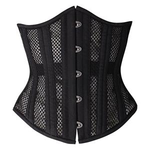 Short Torso Corset, Cheap Corset for Womens, Waist Cincher Corset, Steel Boned Corset, Black Underbust Corset, Mesh Underbust Corset, #N11007