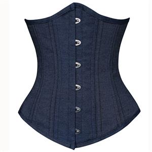 Double Boned Underbust Corsets, Denim Steel Bones Underbust Corset, Dark-blue Waist Training Underbust Corset, Steel Boned Waist Trainer, Underbust Body Shaper, #N8839