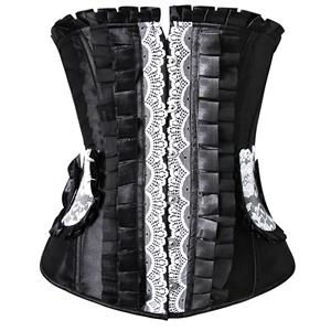 Pleated Lace Trimming Corset, Pleated Lace Corset, Black UnderBust Corset, #N4673