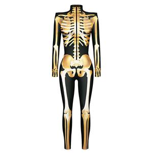 Horrible Skull Printed Jumpsuit, Halloween Skeleton High Neck Slim Fit Bodysuit, Halloween Bodycon Jumpsuit, Long Sleeve High Neck Jumpsuit, Halloween Skeleton Jumpsuit for Women, #N22318