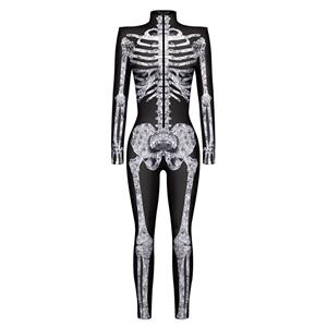 Horrible Skull Printed Jumpsuit, Halloween Skeleton High Neck Slim Fit Bodysuit, Halloween Bodycon Jumpsuit, Long Sleeve High Neck Jumpsuit, Halloween Skeleton Jumpsuit for Women, #N22317