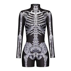 Horrible Skull Printed Jumpsuit, Halloween Skeleton High Neck Slim Fit Bodysuit, Halloween Bodycon Jumpsuit, Long Sleeve shorts High Neck Jumpsuit, Halloween Skeleton Jumpsuit for Women, #N22335