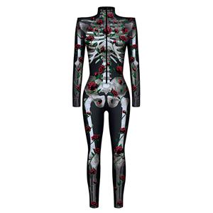 Horrible Skull Printed Jumpsuit, Halloween Skeleton High Neck Slim Fit Bodysuit, Halloween Bodycon Jumpsuit, Long Sleeve High Neck Jumpsuit, Halloween Skeleton Jumpsuit for Women, #N22320