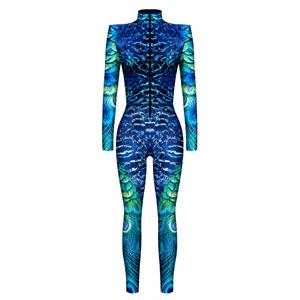 Futuristic Robot Printed Jumpsuit, Halloween Robot High Neck Slim Fit Bodysuit, Halloween Bodycon Jumpsuit, Long Sleeve High Neck Jumpsuit, Halloween Robot Jumpsuit for Women, #N22326