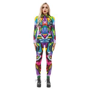 Animal Printed Jumpsuit, Halloween Anima lHigh Neck Slim Fit Bodysuit, Halloween Bodycon Jumpsuit, Long Sleeve High Neck Jumpsuit, Halloween Animal Jumpsuit for Women, #N21249