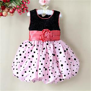 Upper Black Sequin Middle Rose Flower Waist Princess Dress, Black Wave Point Decorate Pink Princess Dress, Cute Children