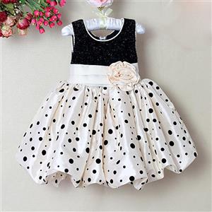 Upper Black Sequin Middle Champagne Flower Waist Princess Dress, Black Wave Point Decorate Champagne Princess Dress, Cute Children