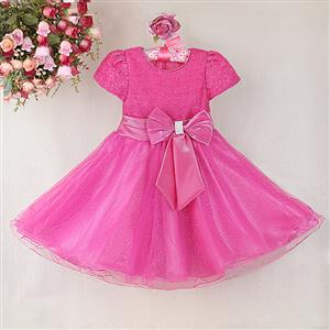 Upper Hot-Pink Bling Princess Dress, Cute Hot-Pink High Waist Princess Dress, Popular Big Bowknot Waist Lace Princess Dress, Lovely Pink Princess Dress, Blingbling Princess Dress, #N9460