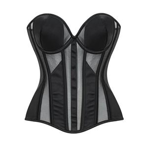 Black Corset Bodysuit, Mesh Corset Top, Back Lace-Up, Satin Bustier, Removable Straps, Waist Cincher, Body Shaper, Sheer Mesh, Adjustable Corset, Breathable Shapewear, Underbust Corset, Curvy Silhouette, Tummy Control, Fashion Bodysuit, Sexy Lingerie #23866