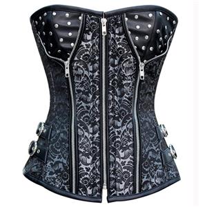Silver and Black Faux Leather and Brocade Corset, Stud Brocade Corset, Steampunk Corset, #N8850