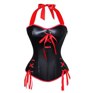 Black Faux Leather corset, halter satin-tie back Corset, Black Faux Leather Pin-Up Halter Corset , #N5107