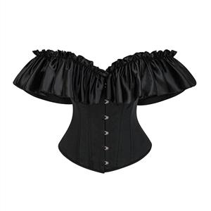 gothic corset top, off-shoulder bustier, ruffled sleeve top, black vintage corset, lace-up bustier, romantic gothic clothing, stretch satin corset, dramatic evening top, adjustable corset top, victorian style top #N237826