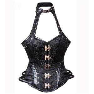 Women's Steampunk Black Steel Boned Jacquard Overbust Corset with ...