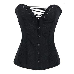 Palace Jacquard Weave Overbust Corset, Lace Up and Busk Outerwear Corset, Black Sexy Steel Bone Outerwear Corset, #N9553