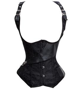 Side Faux Leather Buckle Underbust Corset, Punk Underbust Corset, Steampunk Underbust Corset, Black Jacquard Weave Leather Strap Underbust Corset, #N9561