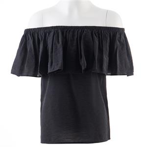 Elastic Black Shirt, Cotton Blouse, Off Shoulder Blouse, Black Top, Victorian Blouse, Sexy Black Blouses, Sexy Off the Shoulder Blouse, #N14787