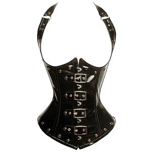 Steel Bone Underbust Corsets, Black Steampunk Underbust Corsets, Faux Leather With Buckle Decorate Underbust Corsets, #N9563