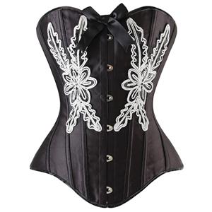 Black Satin Corset, Corset with White Floral Embroidery, Satin Corset, #N6524