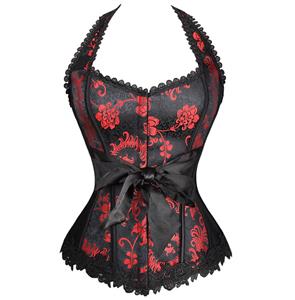 Sexy Black Satin Corset, Hot Selling Halter Neck Overbust Corset, Cheap Lace Trim Corset, Fashion Red Jacquard Weave Corset, #N10022