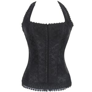 Elegant Black Halter Corset, Cheap High Quality Corset, Jacquard Weave Lace Edge Underbust Corset, #N9727