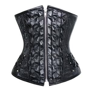 Black Steel Bone Corset, Punk Underbust Corset, Cheap Artificial Leather Weave Underbust Corset, Women