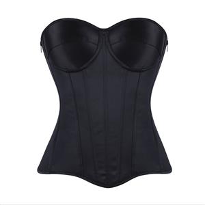 Black Strapless Corset Top, Front Lace-Up Bustier with Boning and Side Zipper for Waist Training N23844