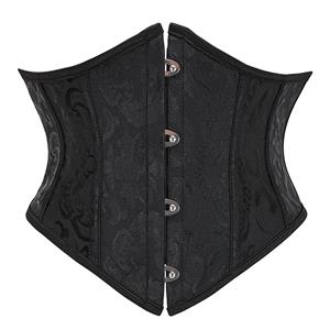 Black Corset, Underbust Corset, Floral Jacquard Bustier, Waist Cincher, Front Busk Closure, Metal Hook Corset, Ribbon Lace Up, Metal Eyelet Detail, Hourglass Silhouette, Structured Boning, Waist Training, Shapewear Corset, Layering Corset, Gothic Vintage Style, Women
