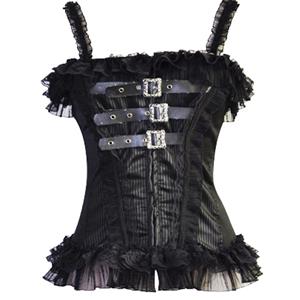 Black Vertical Pinstripes Zipper Bustier, Bustier With Buckle Closure, Pinstripe Adjustable Shoulder Strap Corset, #N6521