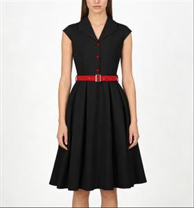 Vintage style, Black color, Red waist belt, Contrast red buttons, A-line skirt, Sleeveless design, Shift dress, Tailored collar, Lightweight fabric, Elegant retro fashion #N23822