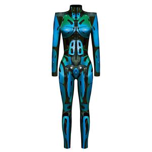 Robot Printed Jumpsuit, Halloween Robot High Neck Slim Fit Bodysuit, Halloween Bodycon Jumpsuit, Long Sleeve High Neck Jumpsuit, Halloween Robot Jumpsuit for Women, #N22323