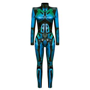Robot Printed Jumpsuit, Halloween Robot High Neck Slim Fit Bodysuit, Halloween Bodycon Jumpsuit, Long Sleeve High Neck Jumpsuit, Halloween Robot Jumpsuit for Women, #N22323