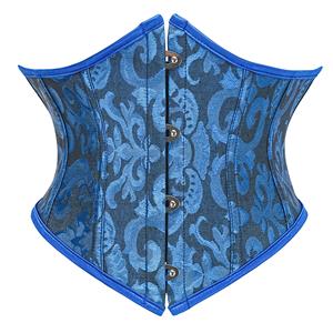 Blue Corset, Underbust Corset, Floral Jacquard Bustier, Waist Cincher, Front Busk Closure, Metal Clasp Corset, Ribbon Lace Up, Metal Eyelet Detail, Hourglass Silhouette, Structured Boning, Waist Training, Shapewear Corset, Layering Corset, Gothic Vintage Style, Women
