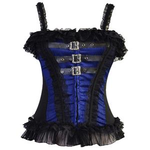 Blue Vertical Pinstripes Zipper Bustier, Bustier With Buckle Closure, Pinstripe Adjustable Shoulder Strap Corset, #N6522