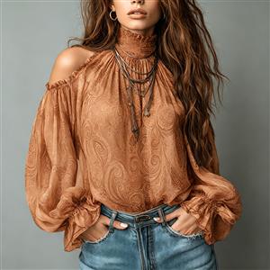 boho blouse, brown paisley top, cold shoulder shirt, high neck blouse, lantern sleeve top, smocked neck top, sheer chiffon blouse, off shoulder top, women