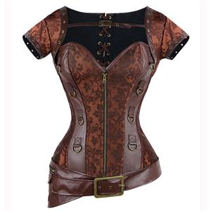 Brown Faux Leather and Brocade Corset, Shrug & Belt D-Ring Corset, Steampunk Corset with Detachable Belt and Jacket, #N7941