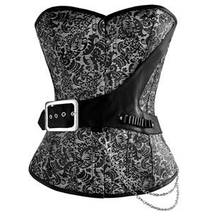 Black Silver Brocade Steampunk Corset, Steampunk Steel Boned Corset, Brocade Steampunk Steel Boned Corset, #N6223