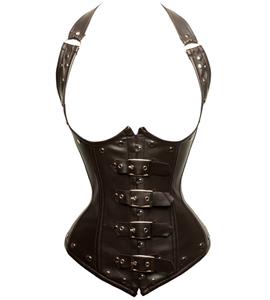 Halter Steel Bone Underbust Corset, Brown Steampunk Underbust Corset, Imitation leather With Buckle Decorate Underbust Corset, #N9627