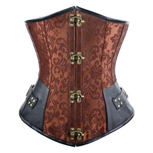 Sexy Brown Jacquard Underbust Corset, Steel Bone Corset, Waist Cincher Underbust Corset, Cheap Vintage Busk Closure Corset, Women