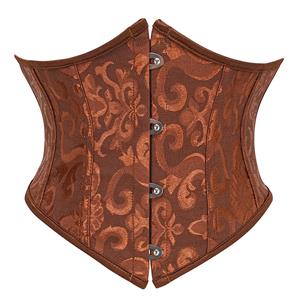 Brown Corset, Underbust Corset, Floral Jacquard Bustier, Waist Cincher, Front Busk Closure, Metal Clasp Corset, Ribbon Lace Up, Metal Eyelet Detail, Hourglass Silhouette, Structured Boning, Waist Training, Shapewear Corset, Layering Corset, Steampunk Vintage Style, Women